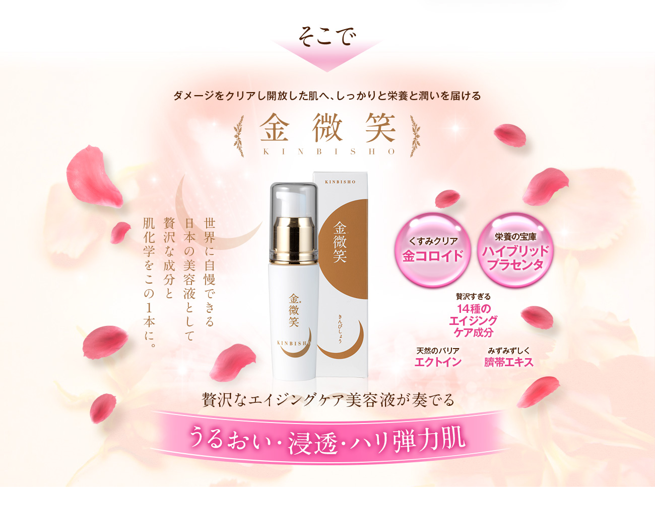 そこで、ダメージをクリアし開放した肌へ、しっかりと栄養と潤いを届ける「金微笑」